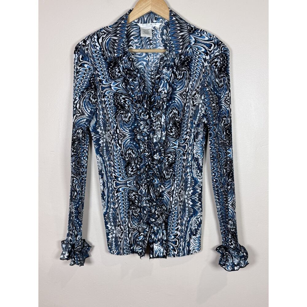VTG Como Stretch Womens Blouse Micro Pleats Ruffle Funky Artsy 70s L Whimsigoth